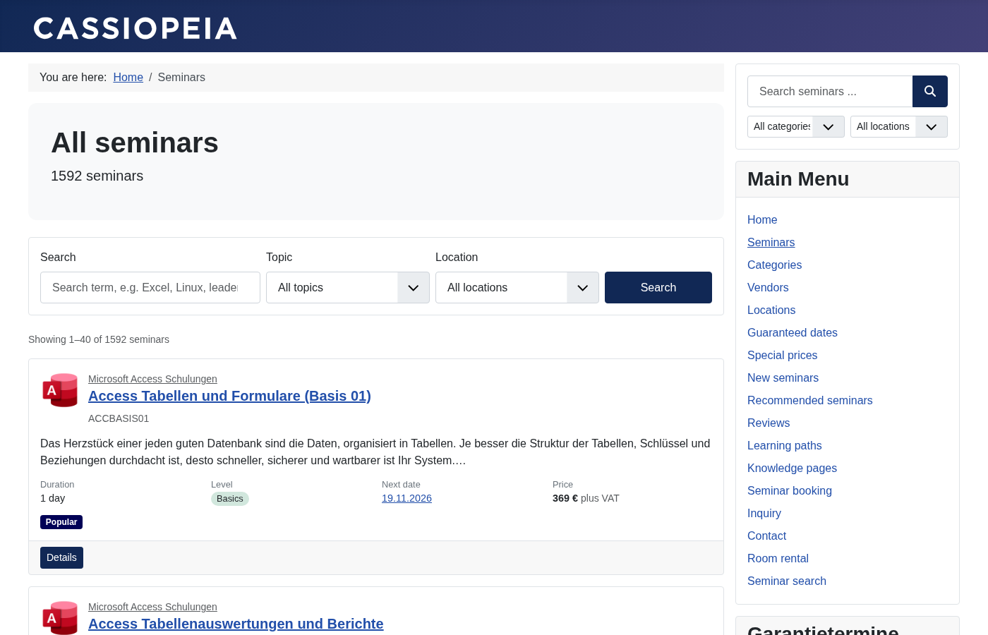 Seminarliste im Joomla-Standardtemplate
